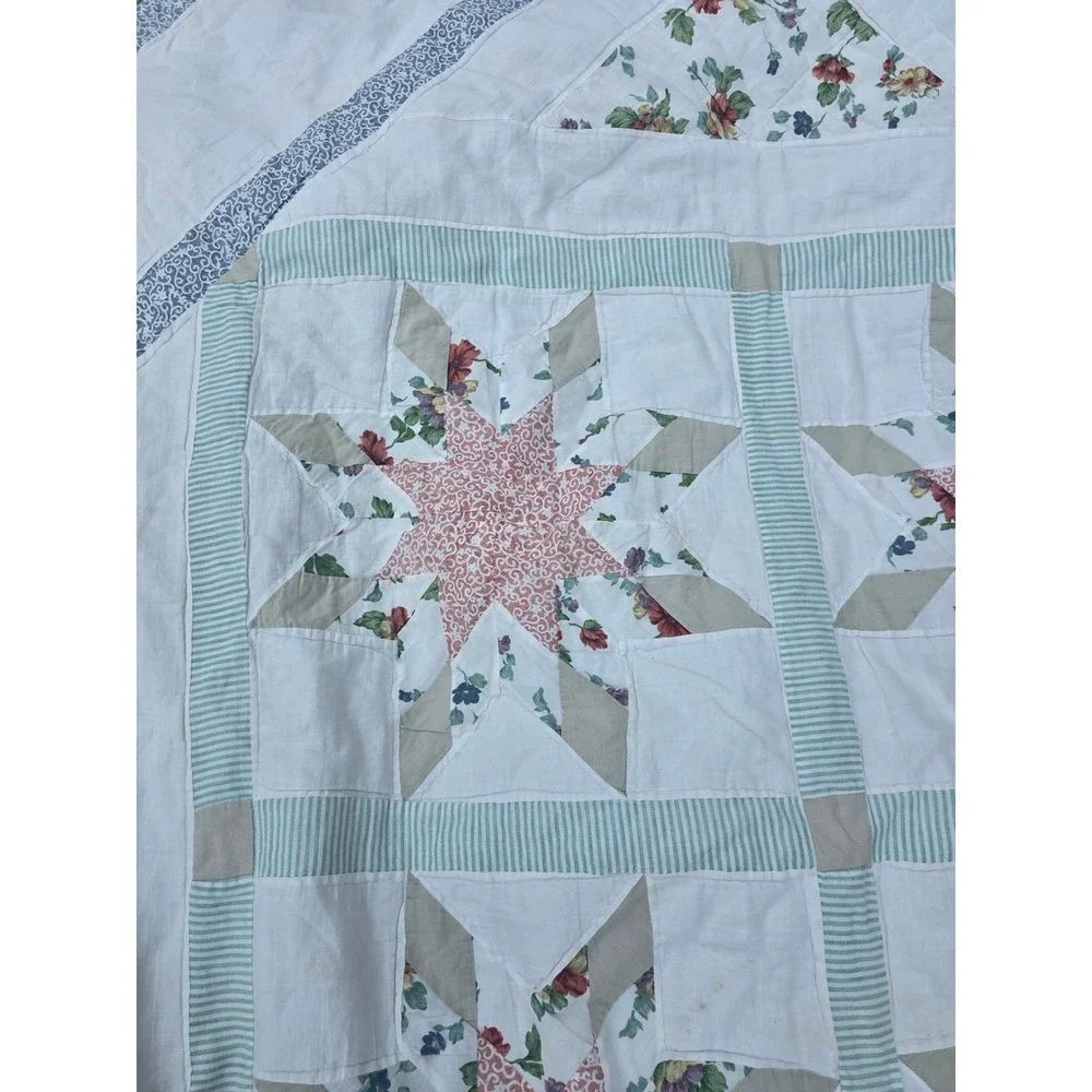 Handmade Patchwork Star Floral Quilt White Pink Green Farmhouse Cottagecore